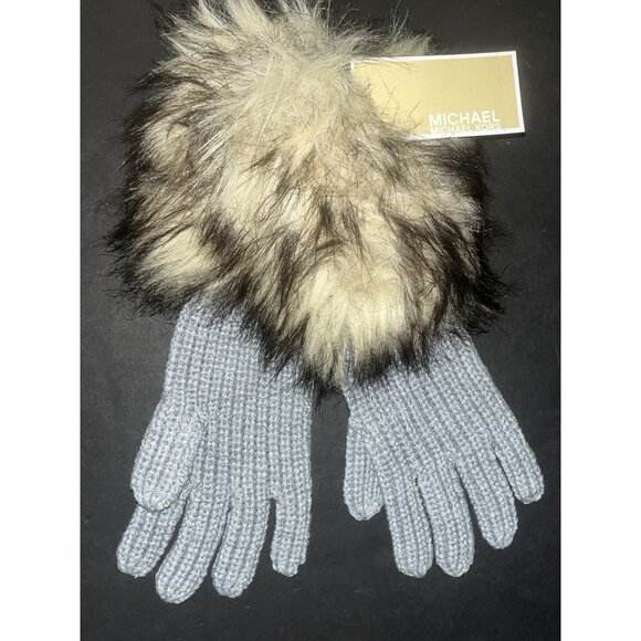 NEW Michael Kors Faux Fur Trim Knit Gloves Coyote Gray 534248 NAT NWT $48 MSRP - Picture 1 of 5